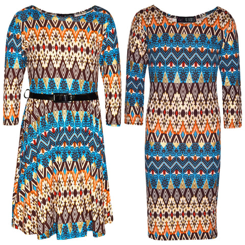 Kids Girls Skater Dress Aztec Foil Print Trendy Fashion Midi Dresses 7-13 Years