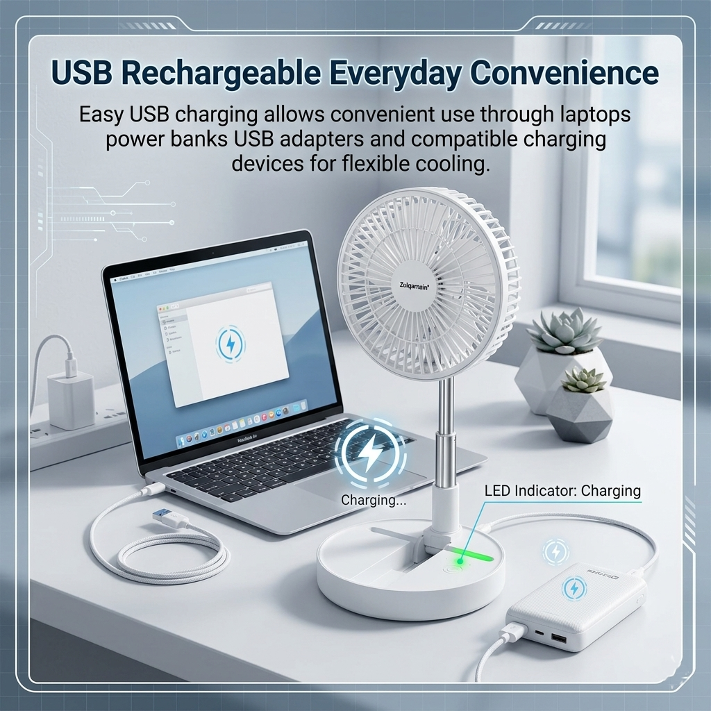 8 Inch USB Foldable Desk Fan Portable White Cooling Fan with Adjustable Height