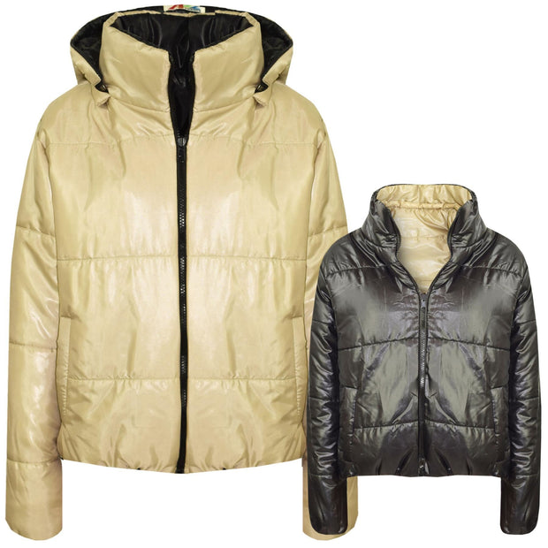 Girls Jackets Kids Reversible Cropped Hooded Padded Puffer Jacket Coat 5-13 Year
