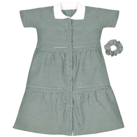 Kids Girls Gingham School Dress Check Button Up Tiered Dresses With Scrunchies