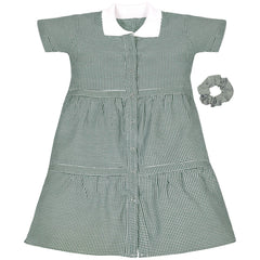 Kids Girls Gingham School Dress Check Button Up Tiered Dresses With Scrunchies