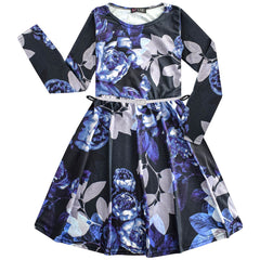Kids Girls Skater Dress Long Sleeves Floral Print Party Fashion Summer Dresses