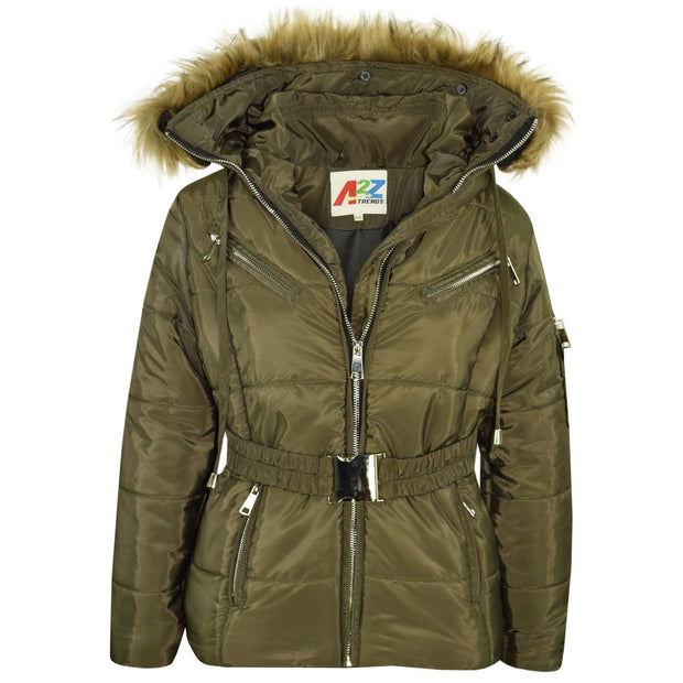 A2Z 4 Kids Kids Girls Jackets Olive Puffer Hooded Stylish Detachable Faux Fur Padded Zipped Belted Slim Fit Warm Coats New Age 5 6 7 8 9 10 11 12 13 Years