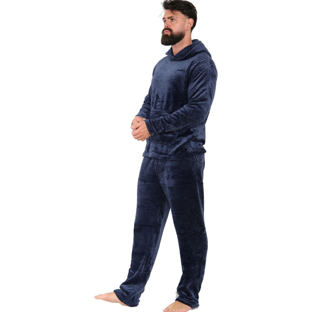 Mens Pyjamas Soft Warm Fleece Adults Hooded Pyjamas 2 Piece Gift Set For Mens
