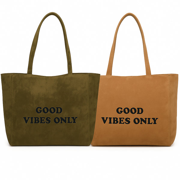 Ladies Tan and Khaki Good Vibes Only Suede Lightweight Reusable Shopping Bag
