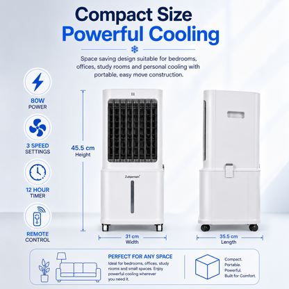 Portable White Air Cooler with Remote Control 3 Speed Settings 80W Easy to Move