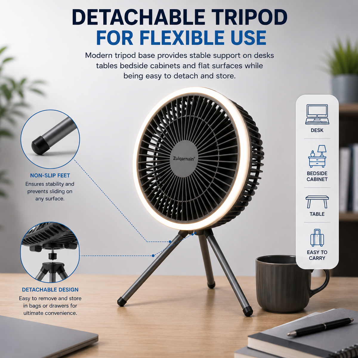 7 Inch USB Desk Fan with LED Light Portable Tripod Stand 3 Speeds Camping Fan