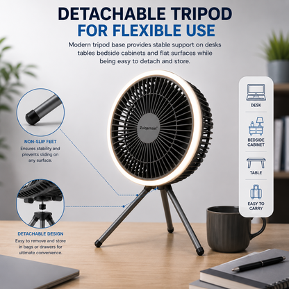 7 Inch USB Desk Fan with LED Light Portable Tripod Stand 3 Speeds Camping Fan