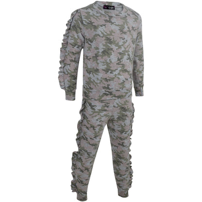 Kids Jogging Suit Girls Plain Frill Sleeve Lounge Suit Tracksuit Top Bottom 2-13