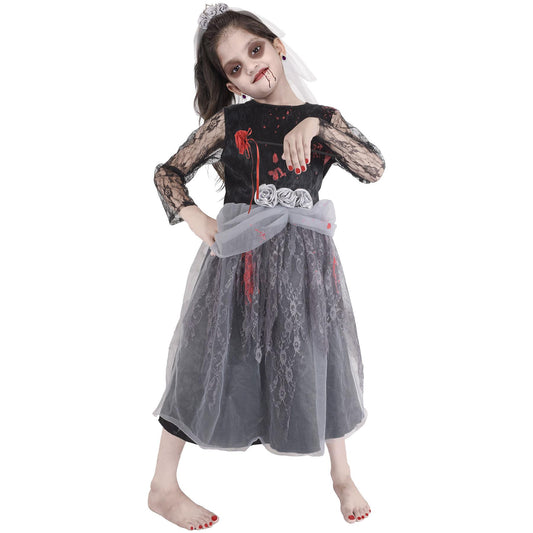 A2Z 4 Kids Girls Zombie Bride Halloween Fancy Dress Attire Bloody Eerie Corps Gown with Artificial Flowers and Bridal Veil Spooky Children's Halloween Outfit for Girls