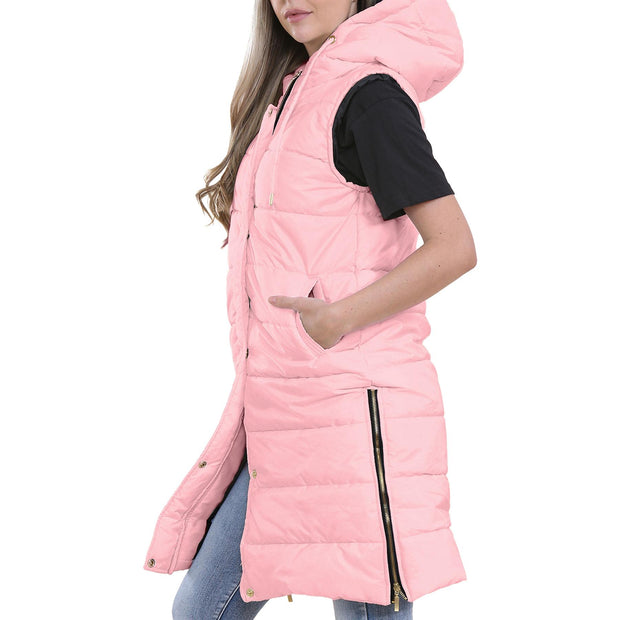 A2Z Ladies Adults Sleeveless Gilet Oversized Hooded Baby Pink Quilted Gilet Padded Long Line Vest Jacket Sleeveless Coat Urban Winter Wear