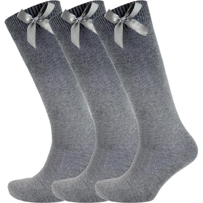 Kids Girls Plain Knee High Socks With Ribbon Bow Pack of 3 School Cotton Socks