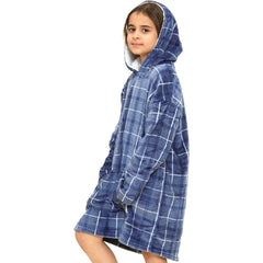 Kids Girls Boys Oversized Hoodie Blue Tartan Printed Snuggle Soft Fleece Blanket