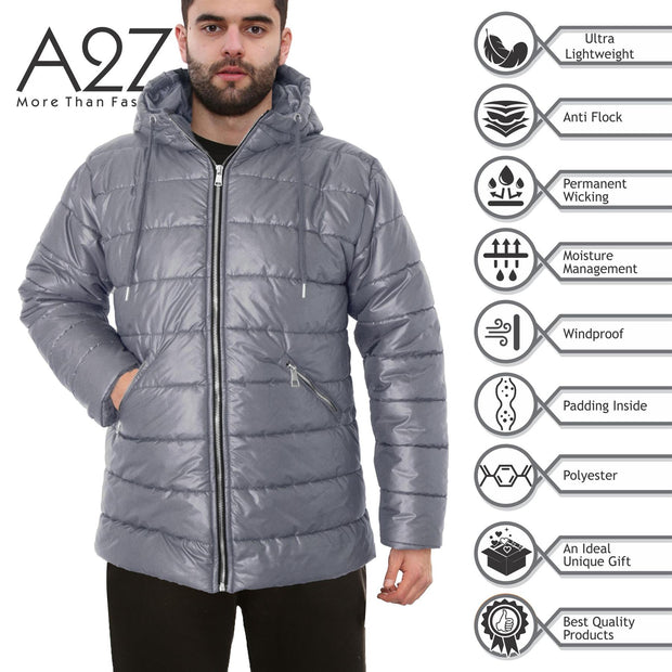 A2Z Mens Ladies Hooded Silver Zipped Puffer Jacket Steel Grey Padded Long Sleeves Jacket Fashion Coat Gift For Adults S-XXL