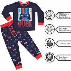 Kids Girls Boys Pyjamas Game Over Contrast Top Bottom 2 Piece PJS Sleepwear Set