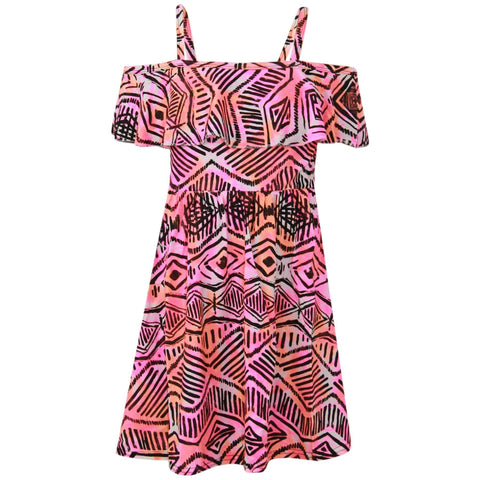 Kids Girls Skater Dress Aztec Print Summer Party Off Shoulder Dresses 7-13 Years