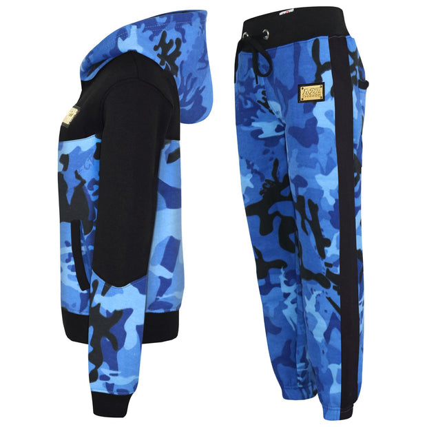 A2Z 4 Kids Boys Girls Cotton Tracksuit Camouflage Blue Fleece Hoodie Top Joggers Bottom Suit Set Age 5-13 years