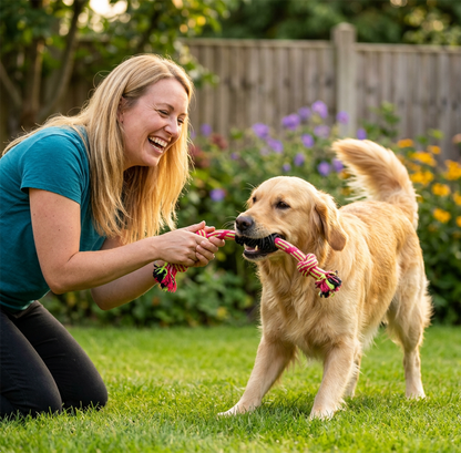A2Z Knotted Dog Rope Chew Toy With Rubber Grip For Tug And Fetch Play
