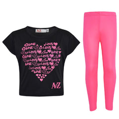 Girls Top Kids Love Print Stylish Crop Top & Fashion Legging Set Age 7-13 Years