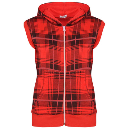 Kids Hooded Gilet Jacket Fleece Fabric Tartan Red Zipper Coat Boys Age 5-13 Yrs