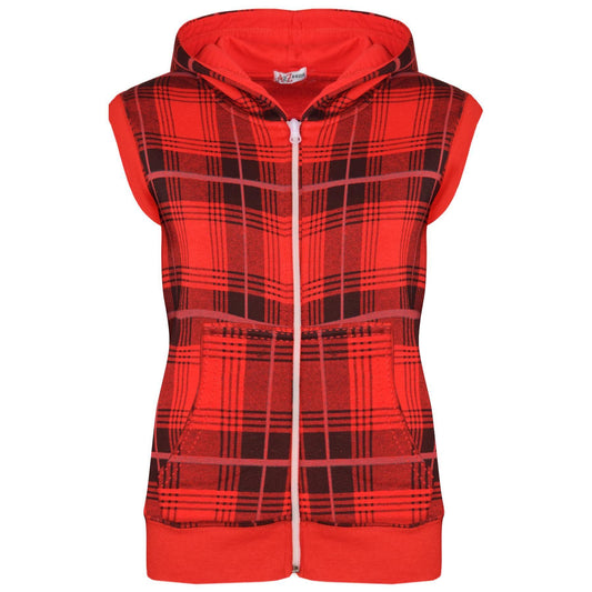 Kids Hooded Gilet Jacket Fleece Fabric Tartan Red Zipper Coat Boys Age 5-13 Yrs