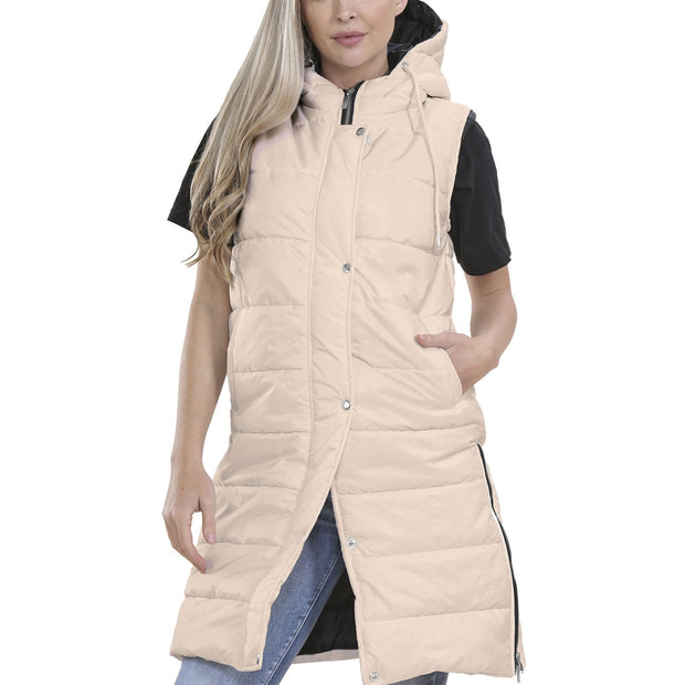 Ladies Sleeveless Gilet Oversized Hooded Quilted Gilet Padded Long Line Coat
