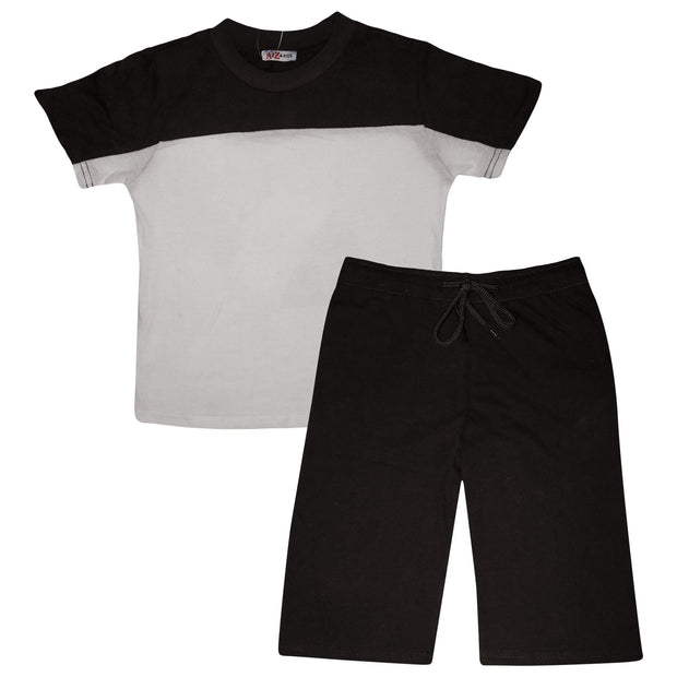 A2Z 4 Kids Two Colour Block Contrast Panel Black Top & Shorts Set Short Sleeves T Shirt Summer Outfit 2 Piece Activewear Girls Boys Age 5-13 Years