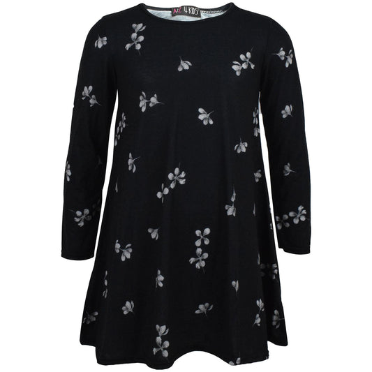 Kids Girls Swing Dress Long Sleeves Black Floral Party Fashion Summer Dresses