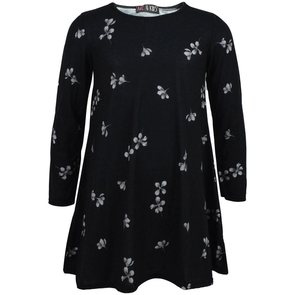 Kids Girls Swing Dress Long Sleeves Black Floral Party Fashion Summer Dresses