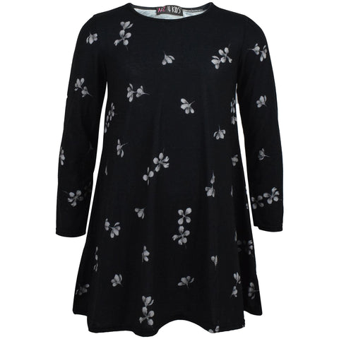 Kids Girls Swing Dress Long Sleeves Black Floral Party Fashion Summer Dresses
