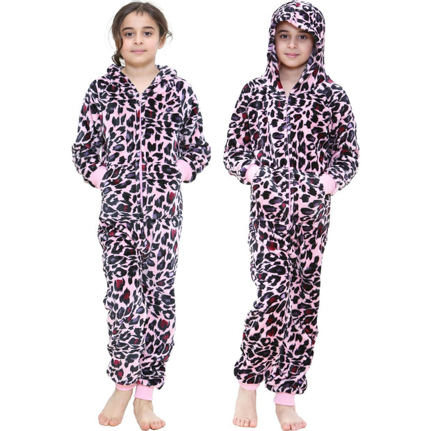 A2Z 4 Kids Girls Onesie Leopard Pyjama Sets Onesie One Piece Hooded All In One