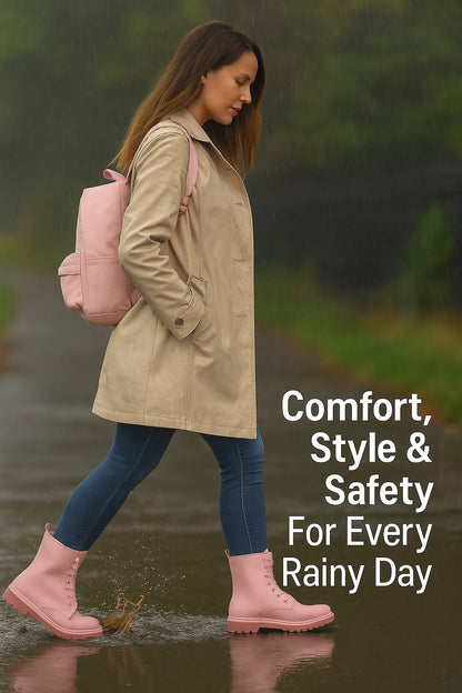 A2Z Womens Wellington Boots Lace Up Pink Waterproof PVC Rain Shoes Ankle Wellies