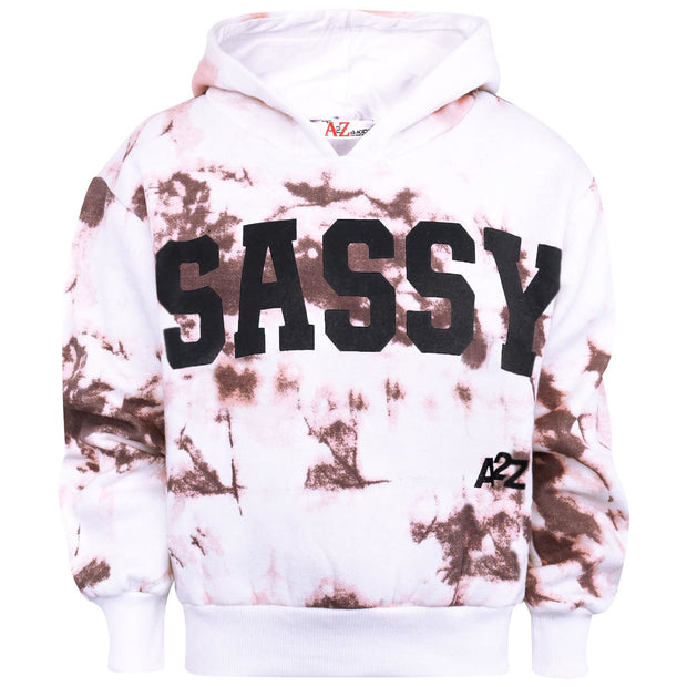 A2Z 4 Kids Girls Tracksuit Designer's Tie Dye Sassy Print Fleece Rust Hooded Crop Top Bottom Jogging Suit Joggers Age 5 6 7 8 9 10 11 12 13 Years