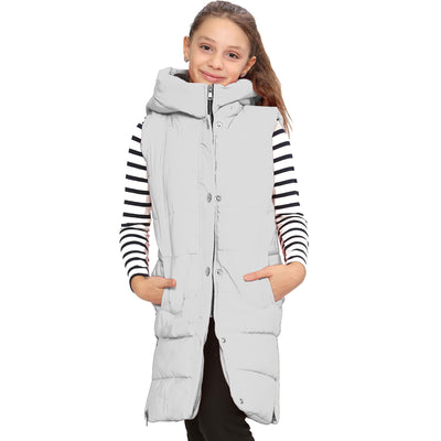 A2Z Kids Girls Down Vest Oversized White Hooded Quilted Gilet Padded Long Line Vest Jacket Long Sleeveless Coat Urban Winter Wear 7 8 9 10 11 12 13 Years