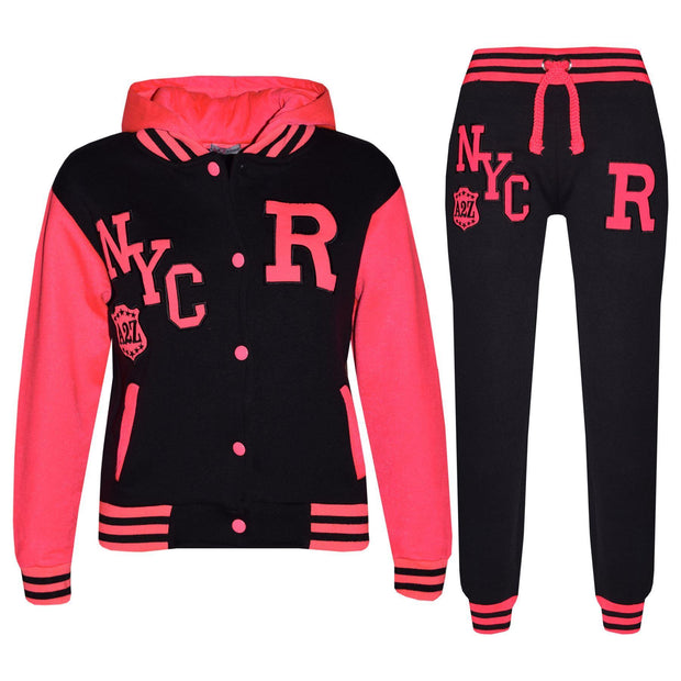 A2Z 4 Kids Girls Black & Neon Pink Baseball Tracksuit NYC Varsity Style Jacket & Trouser Sports Hoodie Bottom Joggers Age 2 3 4 5 6 7 8 9 10 11 12 13 Years