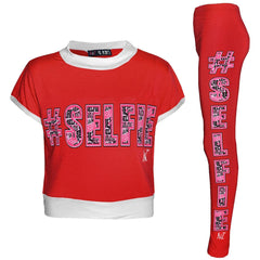 Girls Top Kids #Selfie Print Designer T Shirt & Graffiti Legging Set 7-13 Years