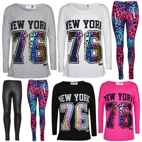 Kids Girls New York 76 Printed Trendy Top & Fashion Legging Set Age 7-13 Years
