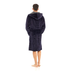 Mens Flannel Fleece Hooded Dressing Gown Sherpa Lined Robe with Belt & Pockets
