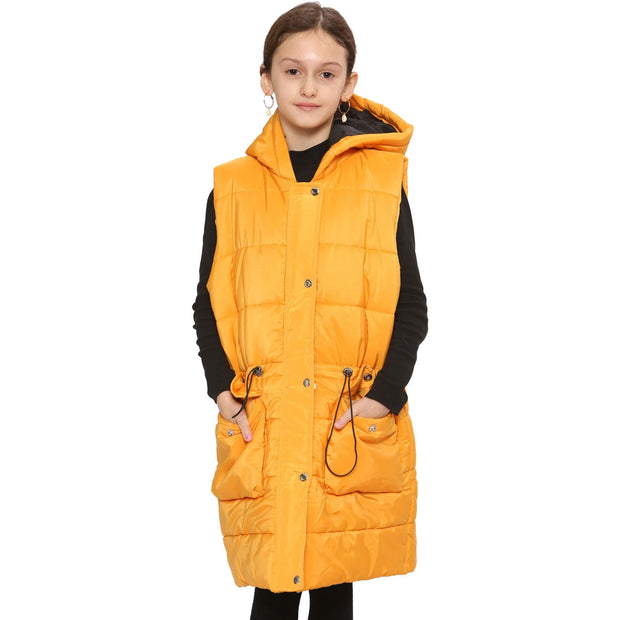 A2Z Kids Girls Down Vest Fashion Oversized Mustard Hooded Quilted Gilet Padded Long Line Vest Jacket Long Sleeveless Coat Urban Winter Wear Age 7-13 Years