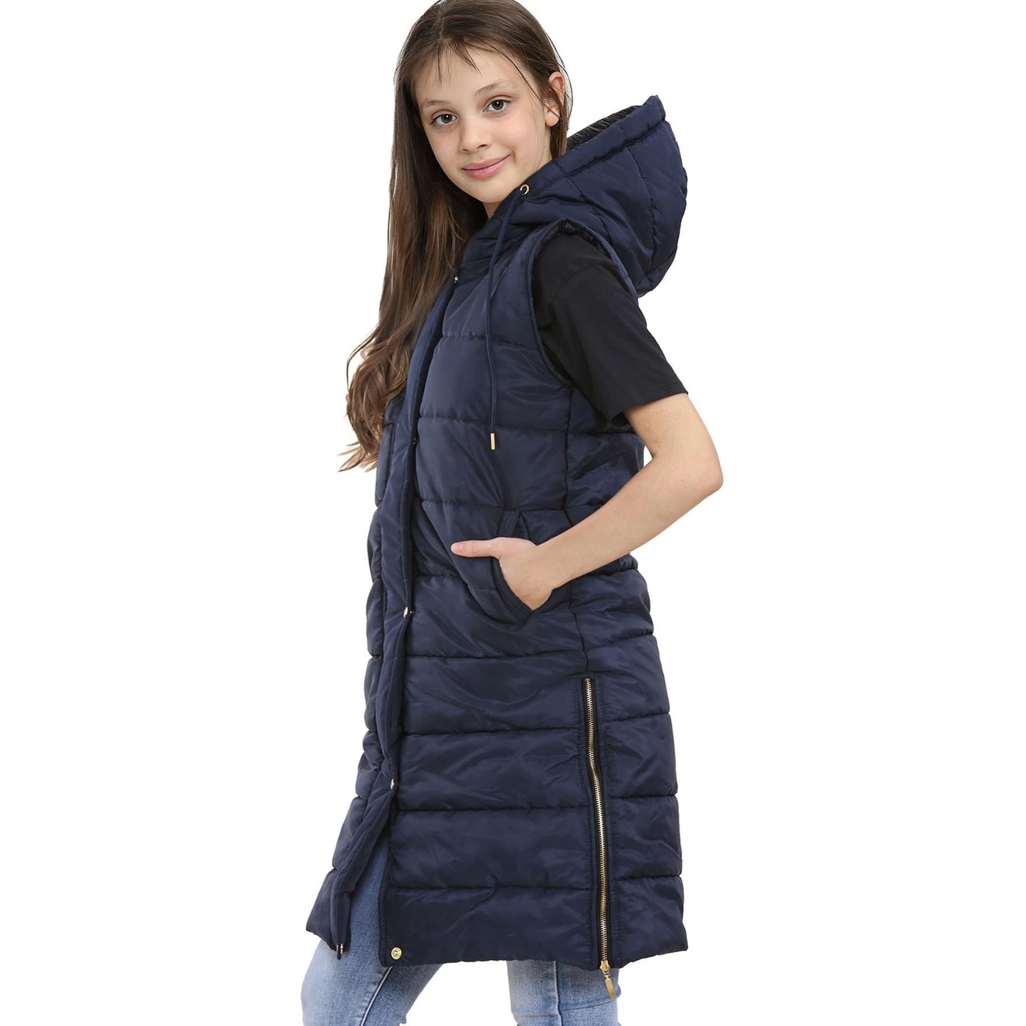 Kids Girls Oversized Gilet Long Line Hooded Quilted Jacket Long Sleeveless Coat