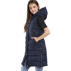 Kids Girls Oversized Gilet Long Line Hooded Quilted Jacket Long Sleeveless Coat
