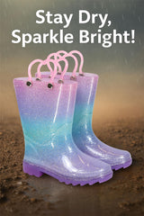 Kids Girls Glitter Rainbow Gradient Wellington Boots Heart Handle PVC Rain Boot