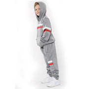 A2Z 4 Kids Girls Boys Tracksuit Designer's Plain Steel Grey Contrast With Red & White Stripes Fleece Hooded Hoodie Top Bottom Workout Running Jogging Suit Gymwear Joggers Age 5 6 7 8 9 10 11 12 13 Years