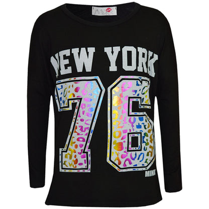 Kids Girls T Shirt New York 76 Multi Color Foil Print Trendy Fashion Top T Shirt