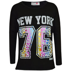 Kids Girls T Shirt New York 76 Multi Color Foil Print Trendy Fashion Top T Shirt