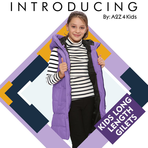 A2Z Kids Girls Down Vest Fashion Oversized Lilac Hooded Quilted Gilet Padded Long Line Vest Jacket Long Sleeveless Coat Urban Winter Wear