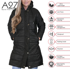Ladies Adults Long Sleeve Oversized Black Hooded Quilted Padded Coat Jacket