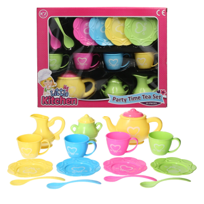 Kids 15 Piece Kitchen Set with Teapot Cups Saucers Spoons Plastic Tea Party Set