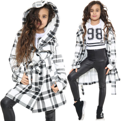 A2Z 4 Kids Kids Girls Parka Jacket Hooded Trench Coat Fashion Warm Padded Black & White Check Jacket Oversized Lapels Belted Cuffs Long Overcoat New Age 5 6 7 8 9 10 11 12 13 Years