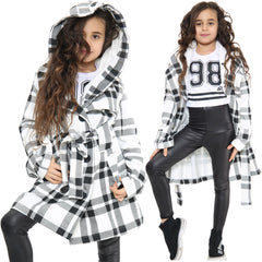 A2Z 4 Kids Kids Girls Parka Jacket Hooded Trench Coat Fashion Warm Padded Black & White Check Jacket Oversized Lapels Belted Cuffs Long Overcoat New Age 5 6 7 8 9 10 11 12 13 Years